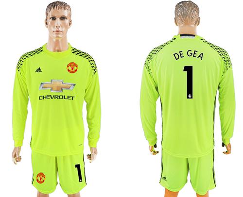 Manchester United #1 De Gea Shiny Green Goalkeeper Long Sleeves Soccer Club Jersey - Click Image to Close